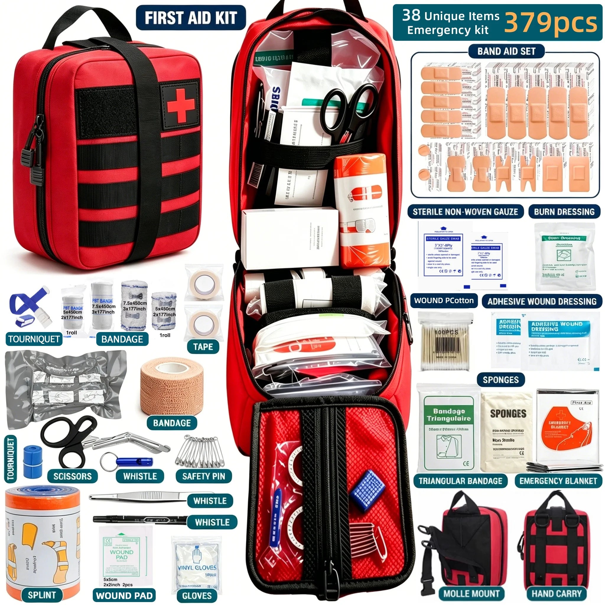 379-Piece IFAK Trauma First Aid Kit with MOLLE Pouch Emergency Survival Kit for Motorcycle Camping Hiking Car Travel Home Sports