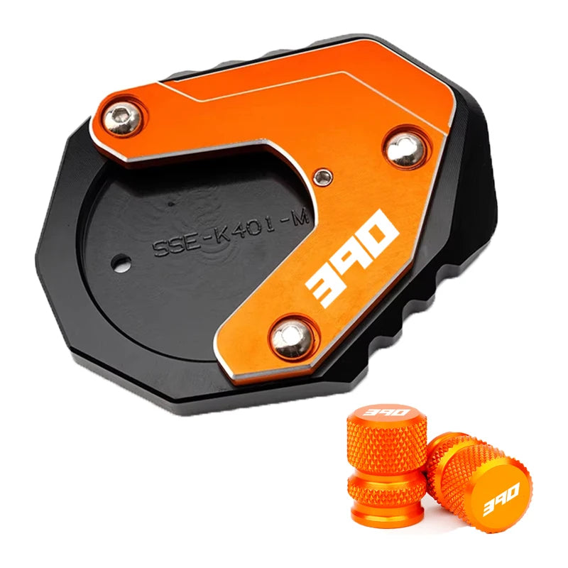 For KTM Duke390 RC390 390 Adventure Duke RC 390 Motorcycle CNC Kickstand Side Stand Enlarge Pad Extension Plate Tire Valve Caps – Aluminum Grey Black Orange Combo 1pcs 2pcs 3pcs