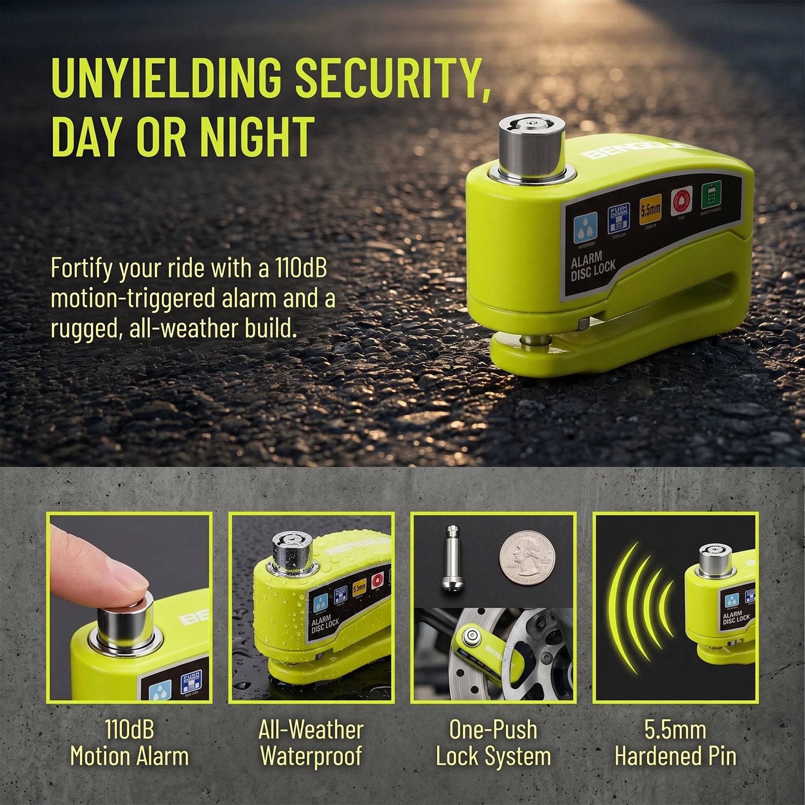 Motorcycle Bicycle Disc Lock Security Alarm Protection Padlock with Keys Aluminum Alloy Anti-Theft Scooter Wheel Disc Brake Lock – 110dB – 6mm+ Compatibility – 0.19kg – Green Blue Black Red Yellow