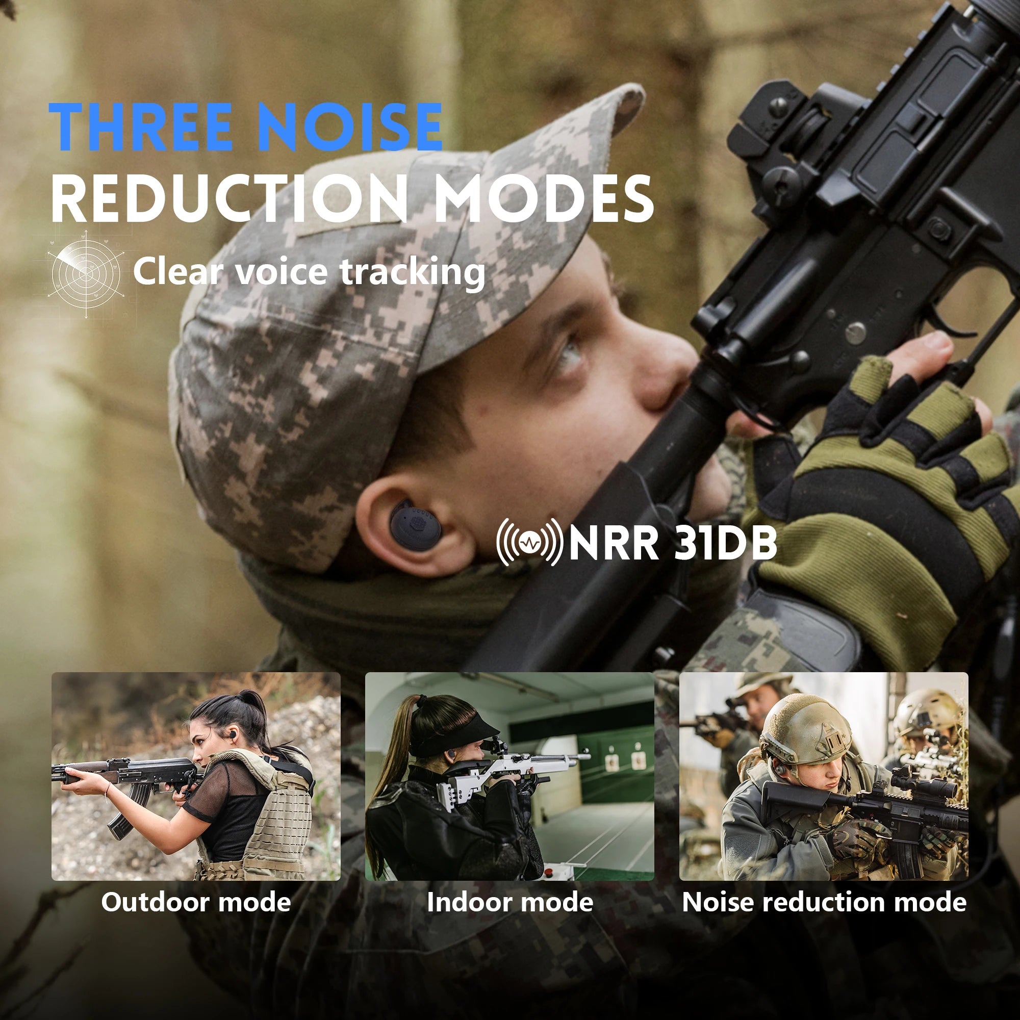 E30 Professional Electronic Shooting Earplugs Advanced Noise Cancelling Hearing Safety Protection Earmuff for Hunting Tactical – CE + FCC Certified – 230g – Desert / Green / Black