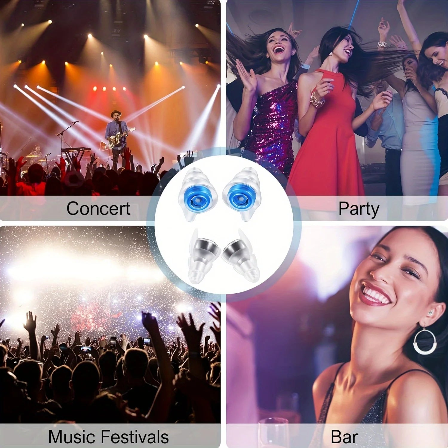 Reusable High-Fidelity Concert Ear Plugs with Waterproof Case for Music Festivals Motorcycling Noise Protection – Silicone – Two-Flange Tip – 28g – Blue / Black