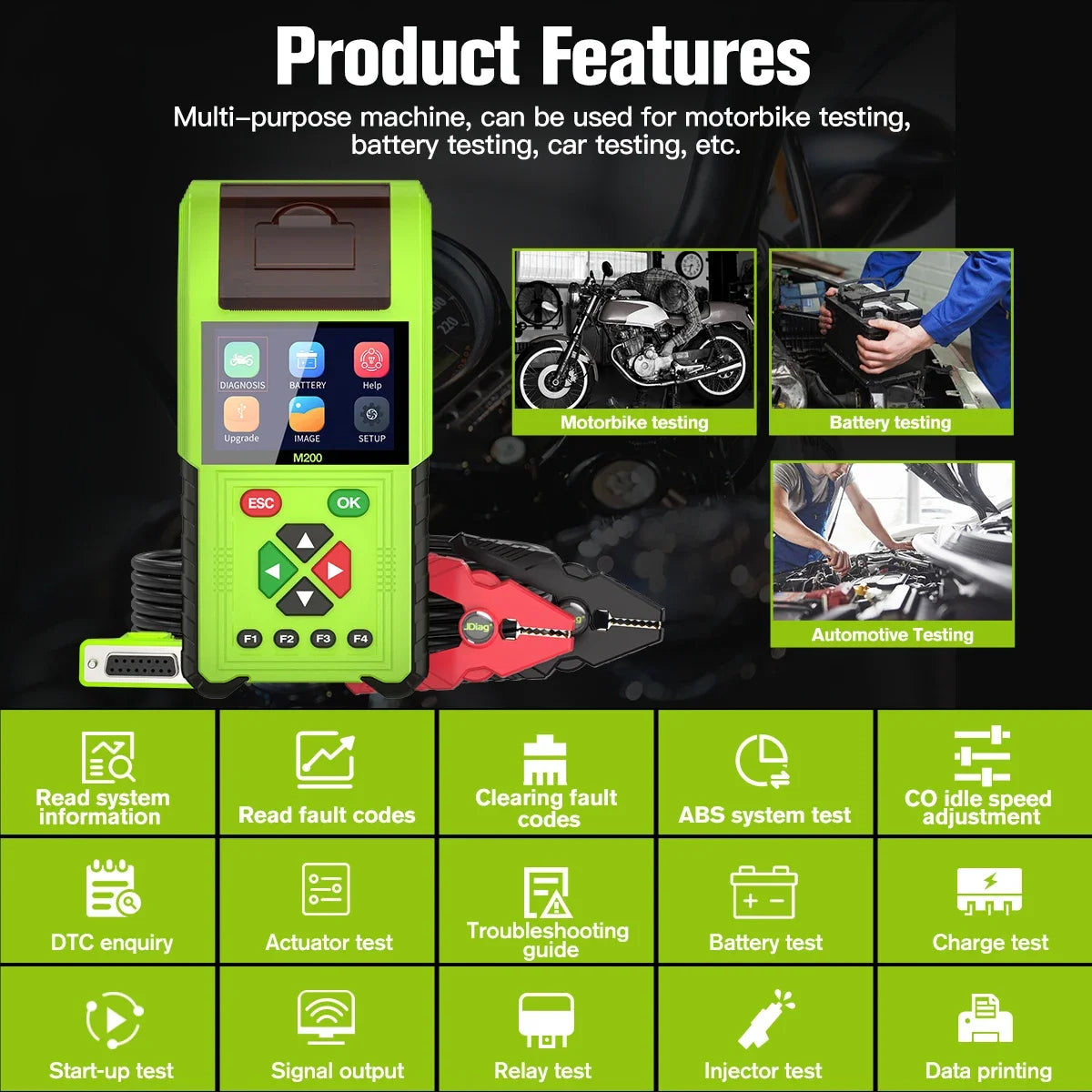 JDiag M200 Professional Motorcycle Diagnostic Scanner – Built-in Printer – 70+ Brands – Signal Simulator – Battery + Injector Test – $235–398