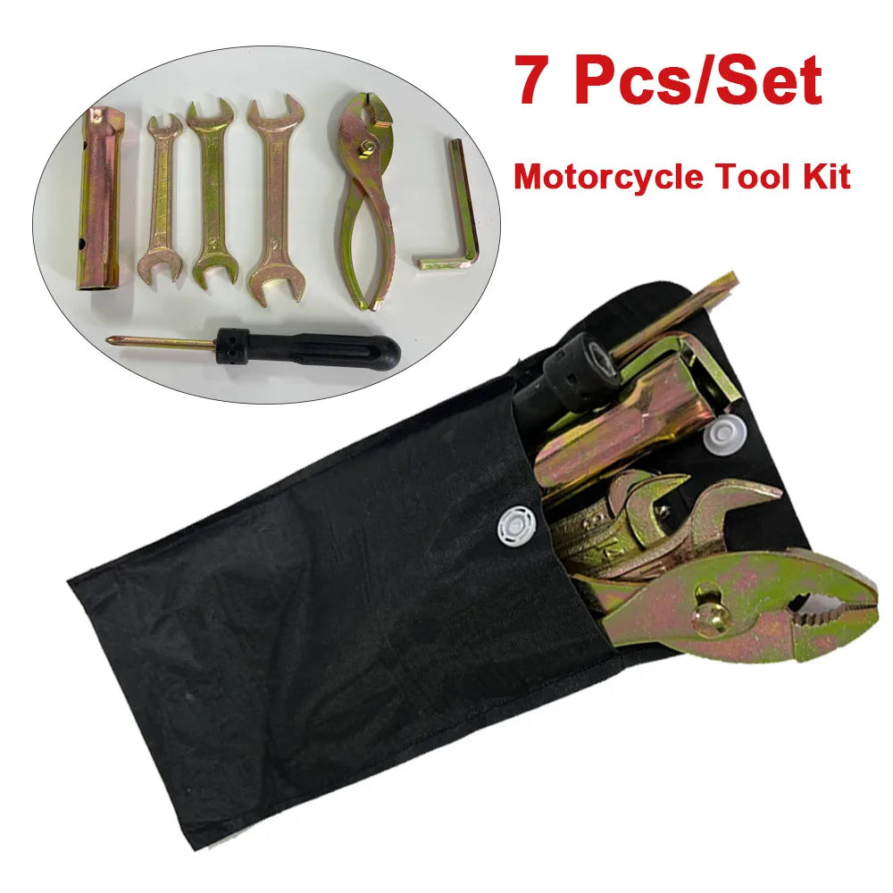 HOTSELE 7-Piece Universal Motorcycle Tool Kit – Spark Plug Socket, Spanners, Pliers & Allen Wrench – Storage Pocket – $18