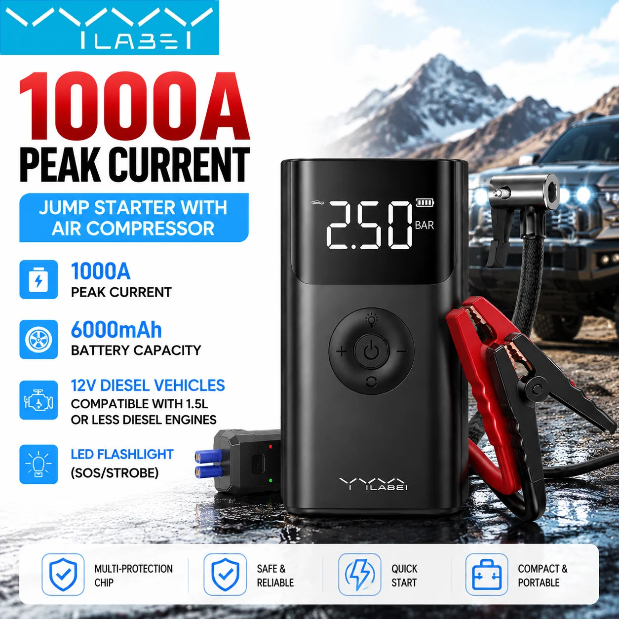 BASEUS QS003 Plus 4-in-1 Jump Starter – 12V 1000A with 150PSI Air Compressors, LED Light & Power Bank