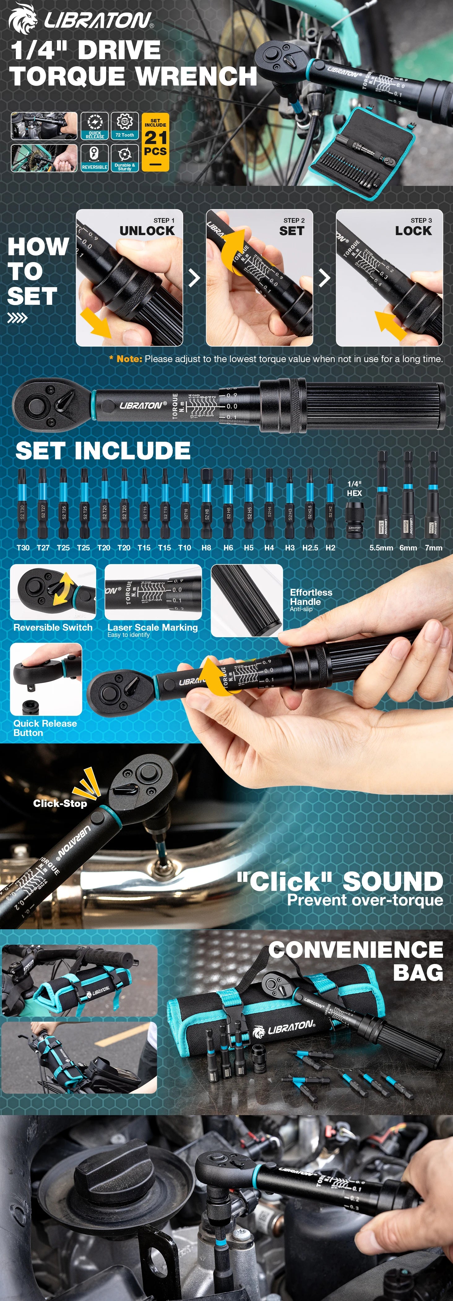 LIBRATON 21-Piece Bike Torque Wrench Set – 1/4” 2–14 Nm – 0.1 Nm Micro-Adjust – Hex + Torx + Nut Driver Bits + Roll Bag – $60