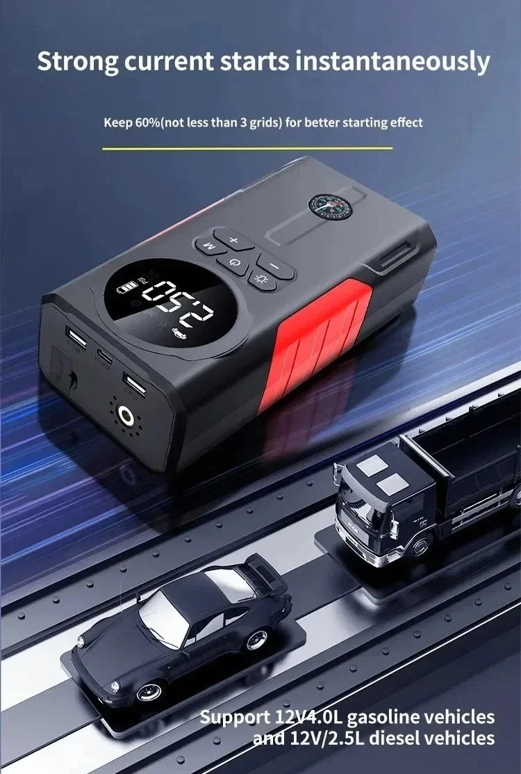 12V Jump Starter & Air Pump – 1800A Multi-Function Tire Inflator, LED SOS Light & Power Bank for Car, Motorcycle & Bicycle