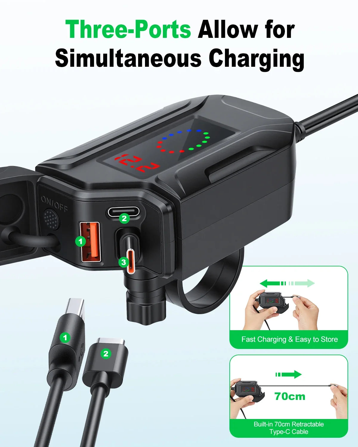 Extractme 12V–24V 3-Port Motorcycle Fast Charger – QC3.0, 30W PD & 18W USB-A Retractable IP65 Waterproof Charger