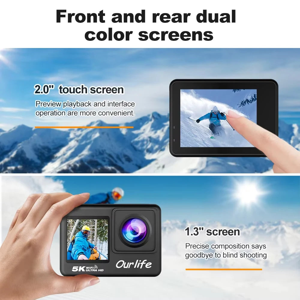 OURLIFE 5K Action Camera 4K60FPS 48MP Sony Sensor 2.0" Touch Screen WiFi EIS 170° Wide-Angle 30M Waterproof Remote Control Sports Camera for Bicycle Motorcycle Diving Outdoor