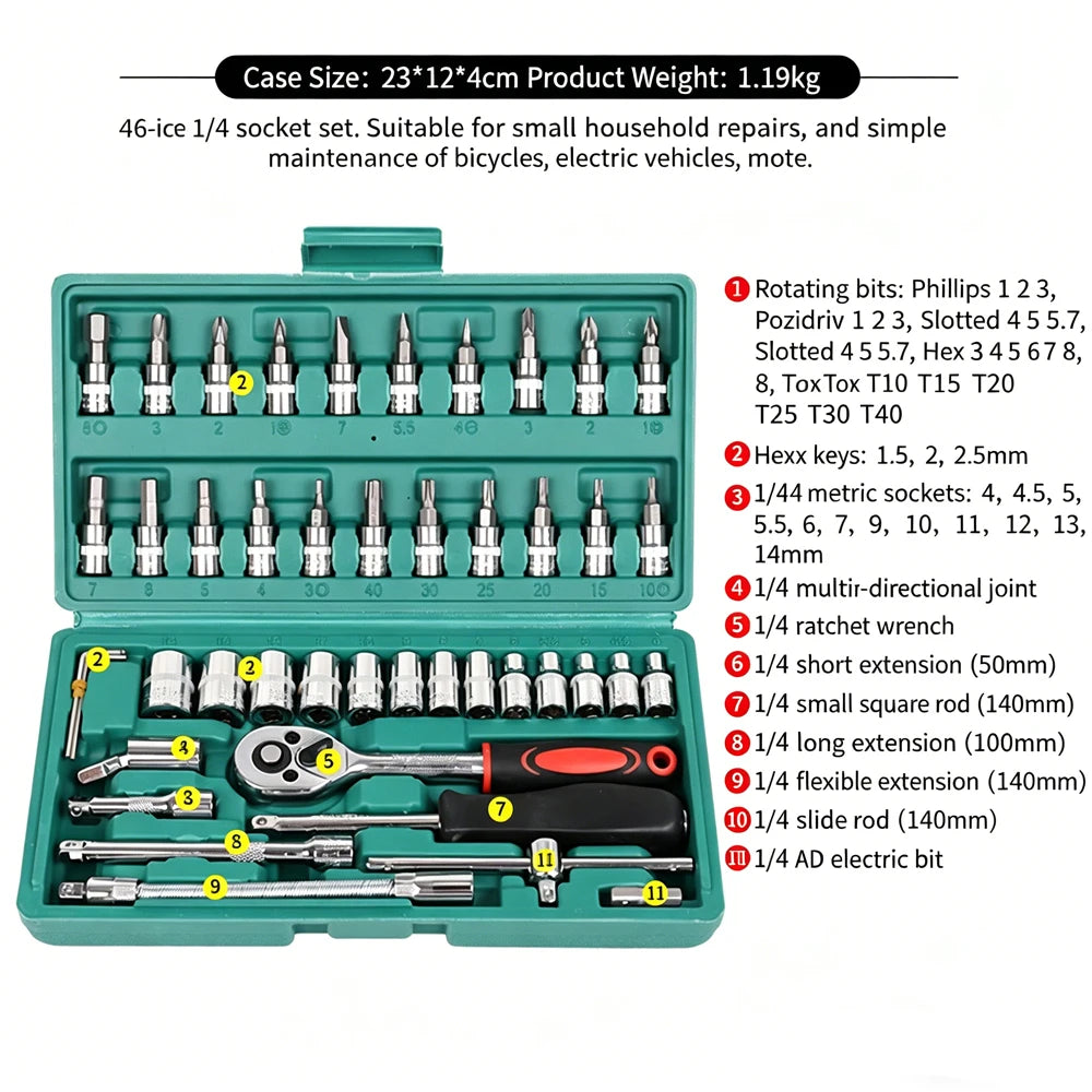 Tongliao 46-Piece 1/4" Drive Socket Wrench Set – Ratchet Tool Kit – Home / Car / Bike / Motorcycle Repair – Storage Case – $30