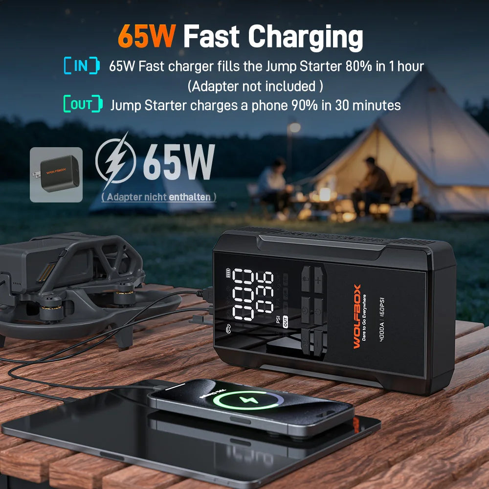 WOLFBOX JS24AIR Motorcycle Jump Starter 4000A with 160PSI Air Compressor 88.8Wh Portable Jump Box Tyre Inflator LED Light 12V (10L Gas / 10L Diesel)