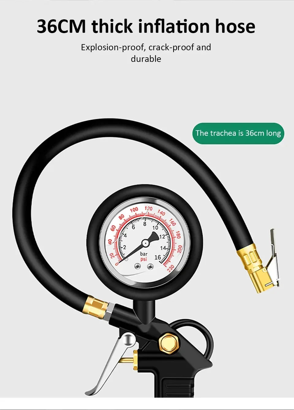 220 PSI Tire Pressure Gauge – Car, Truck & Motorcycle Tire Inflator with Flexible Hose
