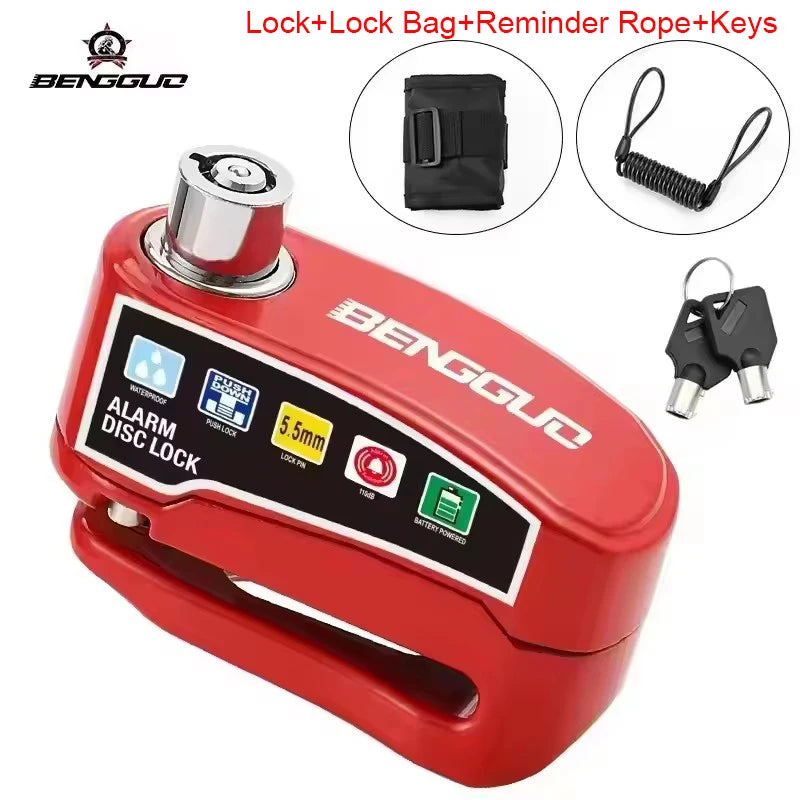Motorcycle Alarm Disc Lock Anti-Theft 110dB Waterproof Motorcycle Disc Brake Lock Aluminum Alloy for Scooter Bike Motor Parts – Vibration Alarm – Replaceable Battery – Lock Only / 4pcs Set / With Bag – Red Black Yellow