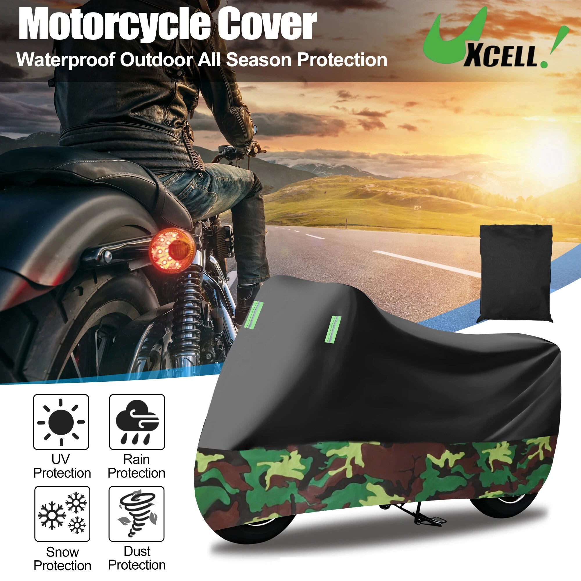 UXCELL Waterproof Camouflage Motorcycle Cover M-XXXXL Outdoor Full Coverage Rain Dust Resistant Motorbike Protective Cover – Fleece Waterproof Cloth 4 Reflective Strips 2 Lock-Holes Universal Fit