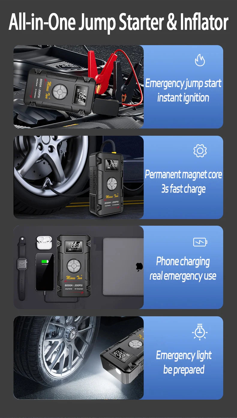 Motorcycle Jump Starter 8000A with 200PSI Air Compressor 4-in-1 Portable Power Bank Tyre Inflator Motorcycle Battery Booster Starting Device