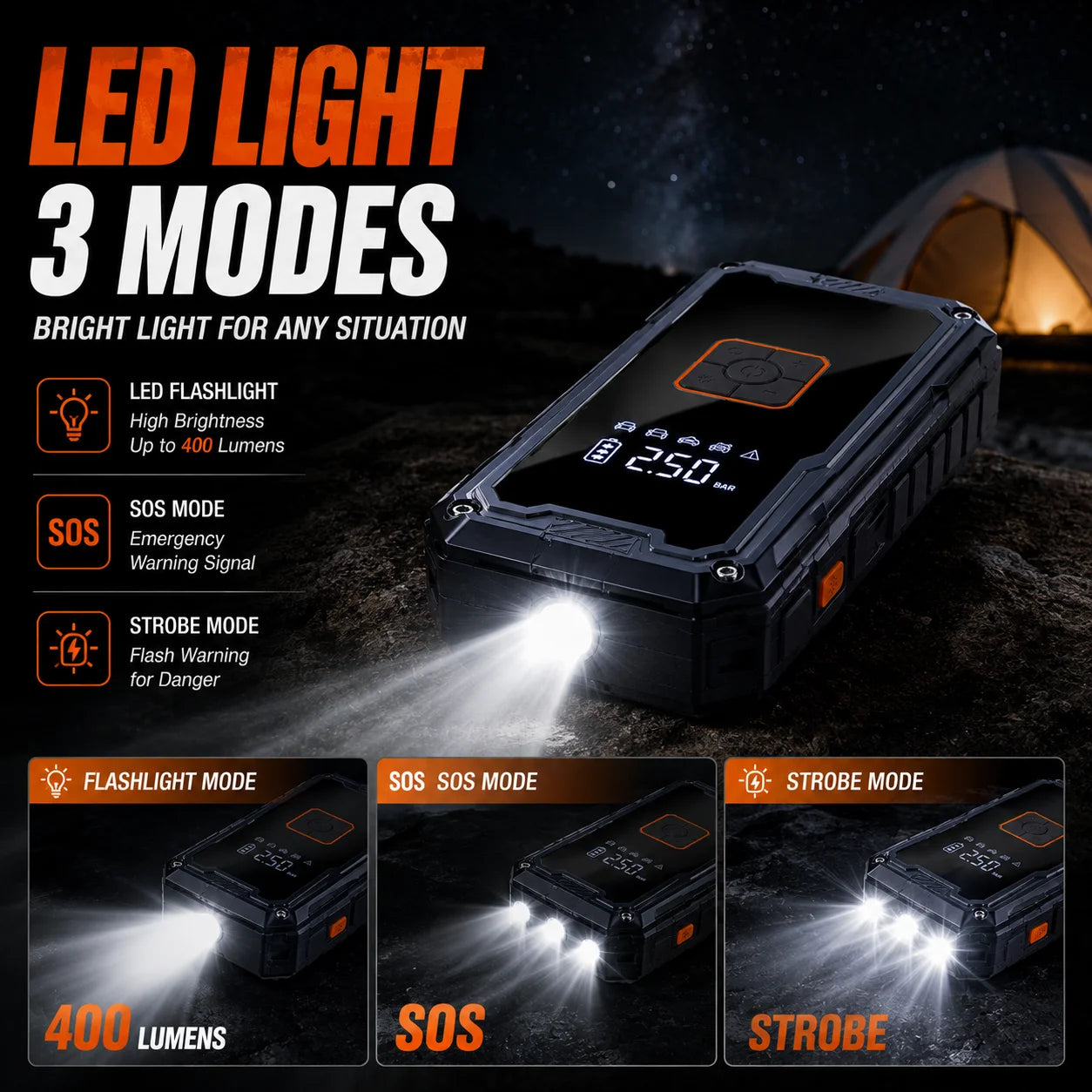 Rscrola Motorcycle Jump Starter 3000A with 150PSI Air Compressor Tyre Inflator Portable Power Bank LED Light 12V for Motorcycle SUV Truck