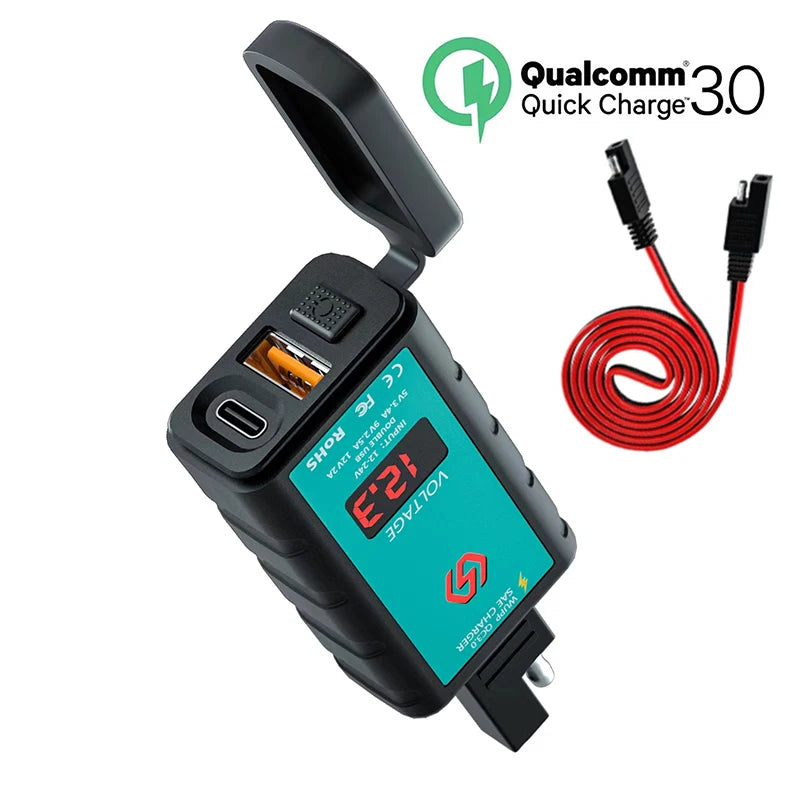 12V Waterproof Motorcycle USB & Type-C Fast Charger – SAE Adapter with Power Switch & Voltmeter