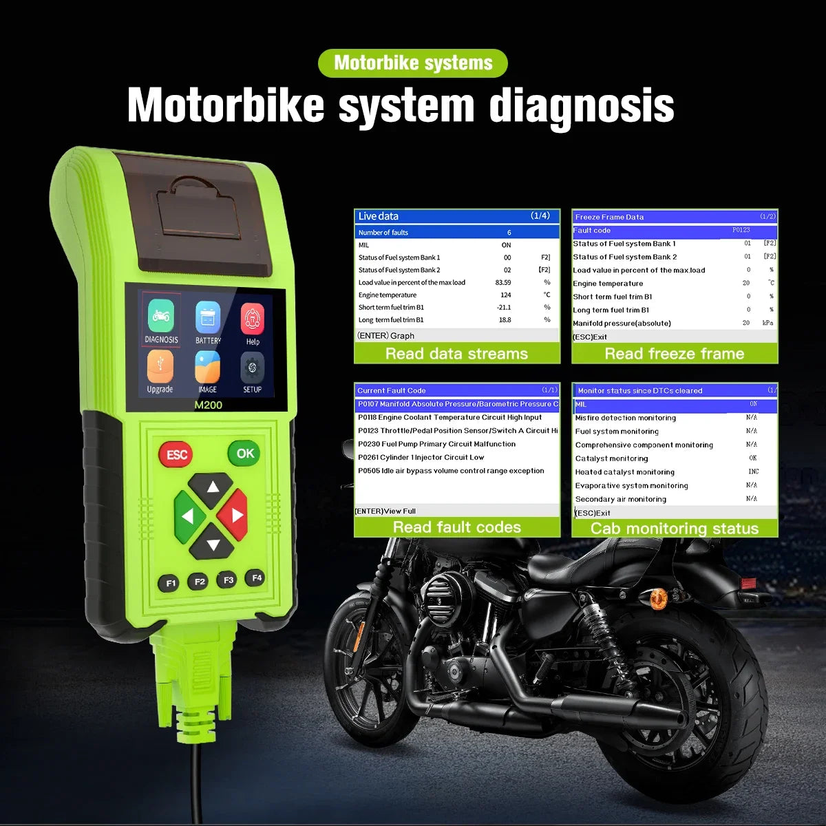 JDiag M200 Professional Motorcycle Diagnostic Scanner – Built-in Printer – 70+ Brands – Signal Simulator – Battery + Injector Test – $235–398