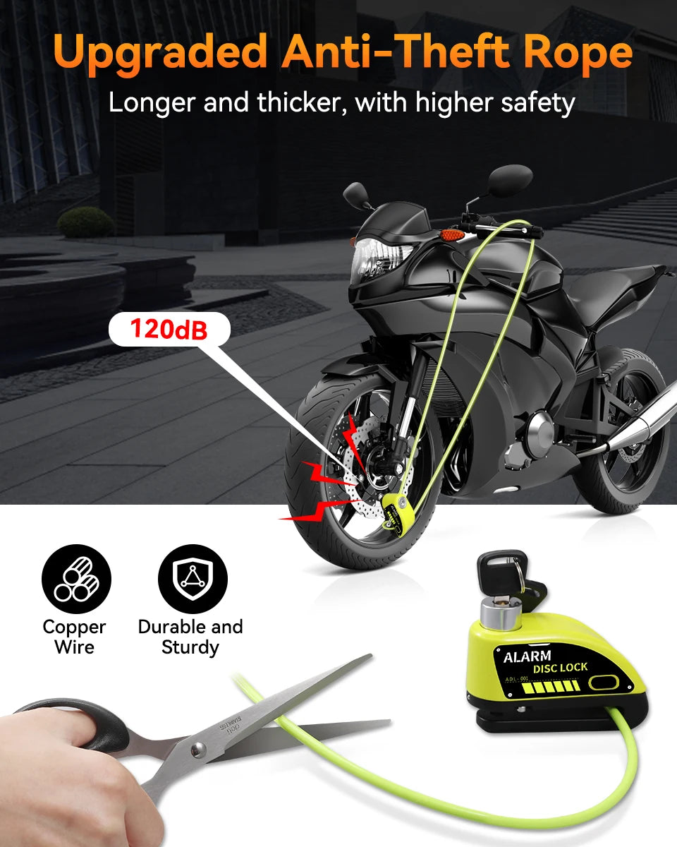 Extractme Motorcycle Alarm Disc Brake Lock 120dB Bicycle Wheel Disk Padlock Security Anti-Theft Lock Scooter – USB-C Rechargeable – 7mm – With or Without Rope – Red Black Blue Green Yellow