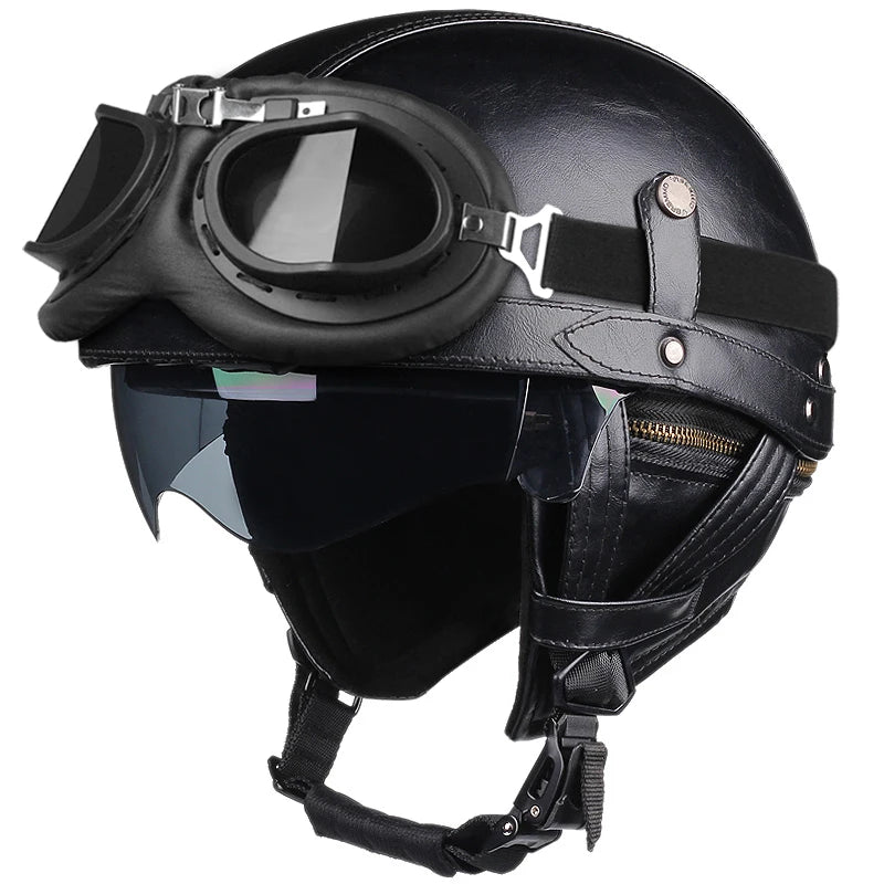 Half Helmets – Retro PU Leather Motorcycle Helmet, HD Visor, All-Season Scooter Helmet for Men & Women