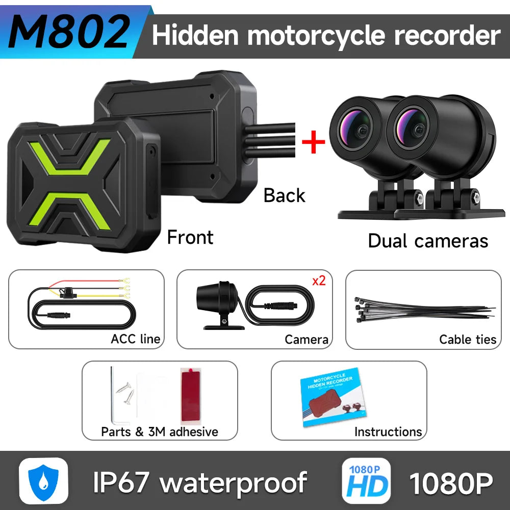 JIUYIN M802 Motorcycle Dash Cam Dual 1080P WiFi IPx67 Waterproof F1.8 Starlight Night Vision 160° Dual Image Stabilization Parking Monitor Front Rear Motorcycle Camera DVR