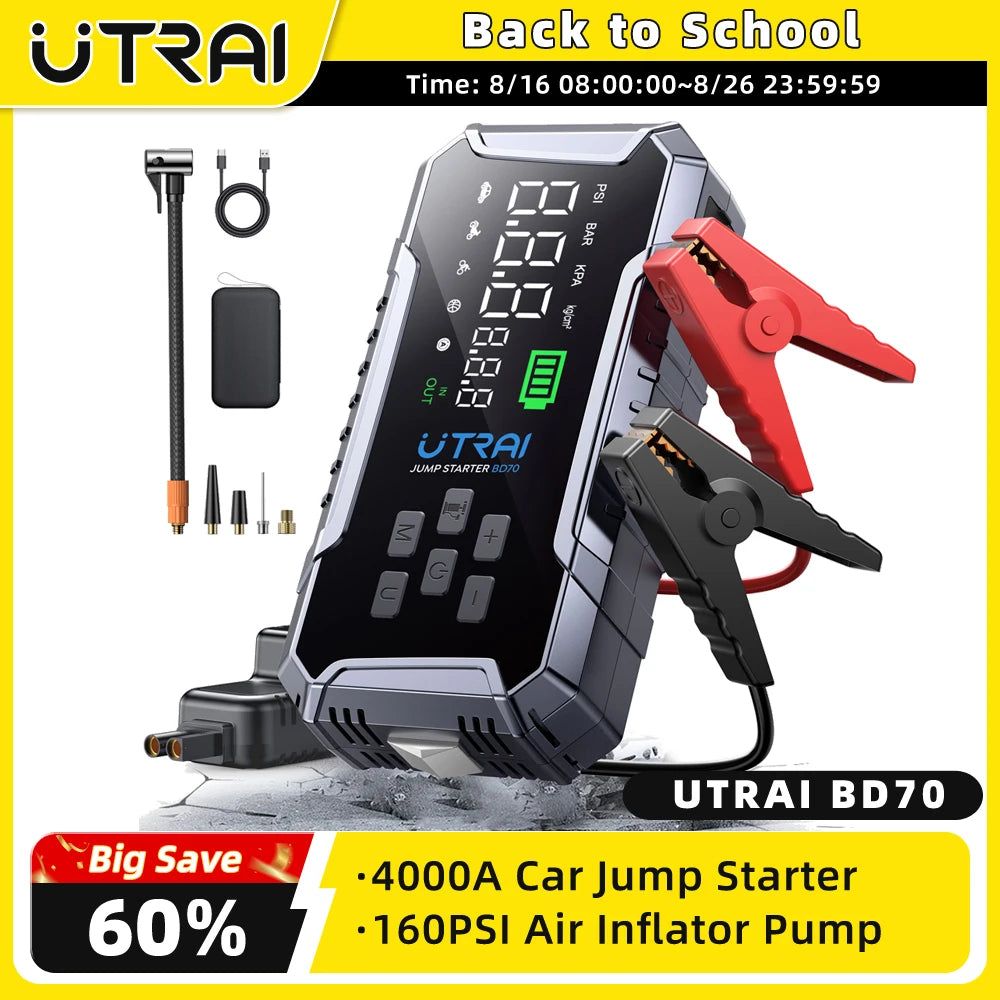 UTRAI BD70 Motorcycle Jump Starter 4000A with 160PSI Air Compressor 16000mAh Portable Power Bank Emergency Battery Booster Starting Device
