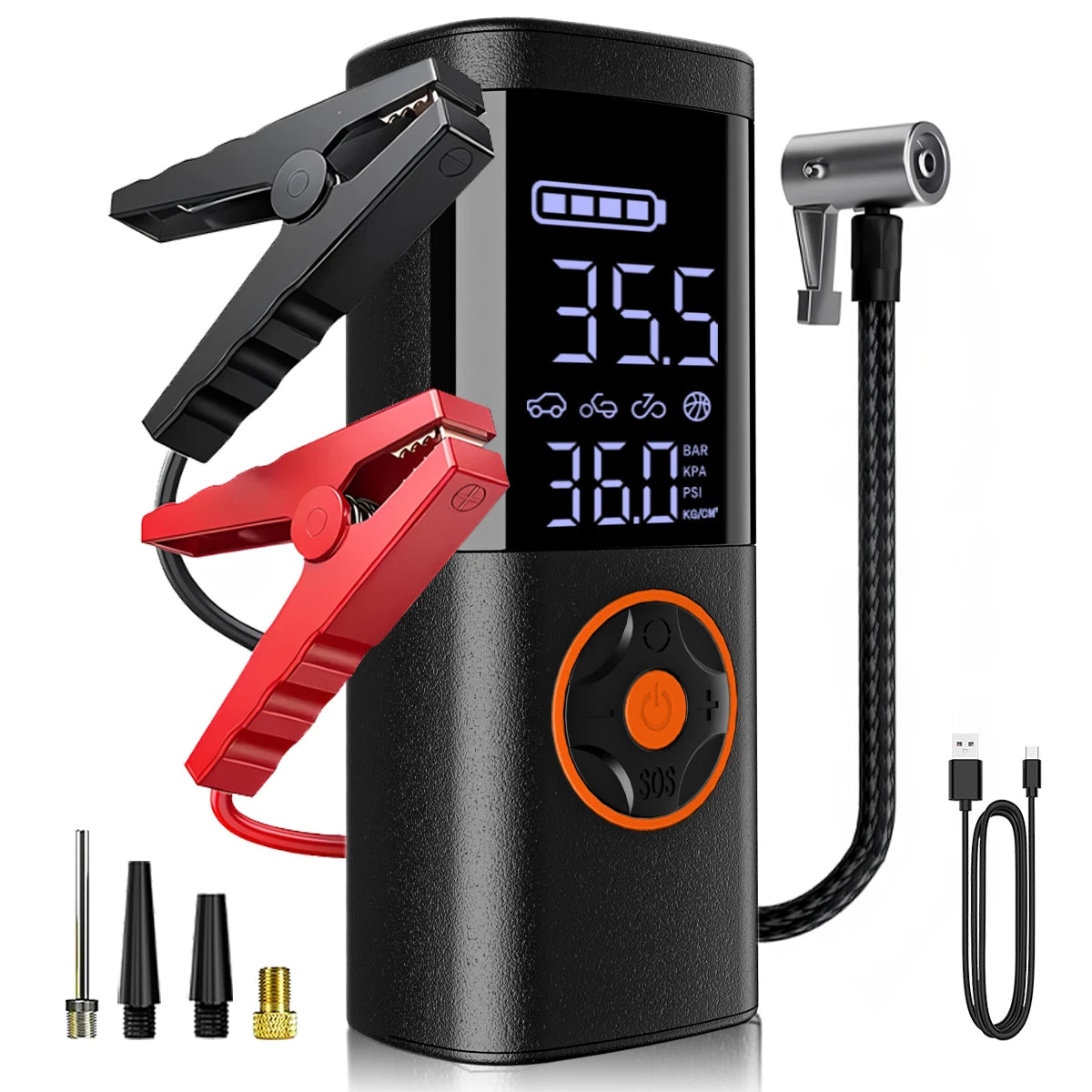 SERVOMASTER 7-in-1 Portable Jump Starter with Air Compressors – Multi-Pressure Inflator, LED Flashlight & Power Bank for Car, Motorcycle & Bicycle