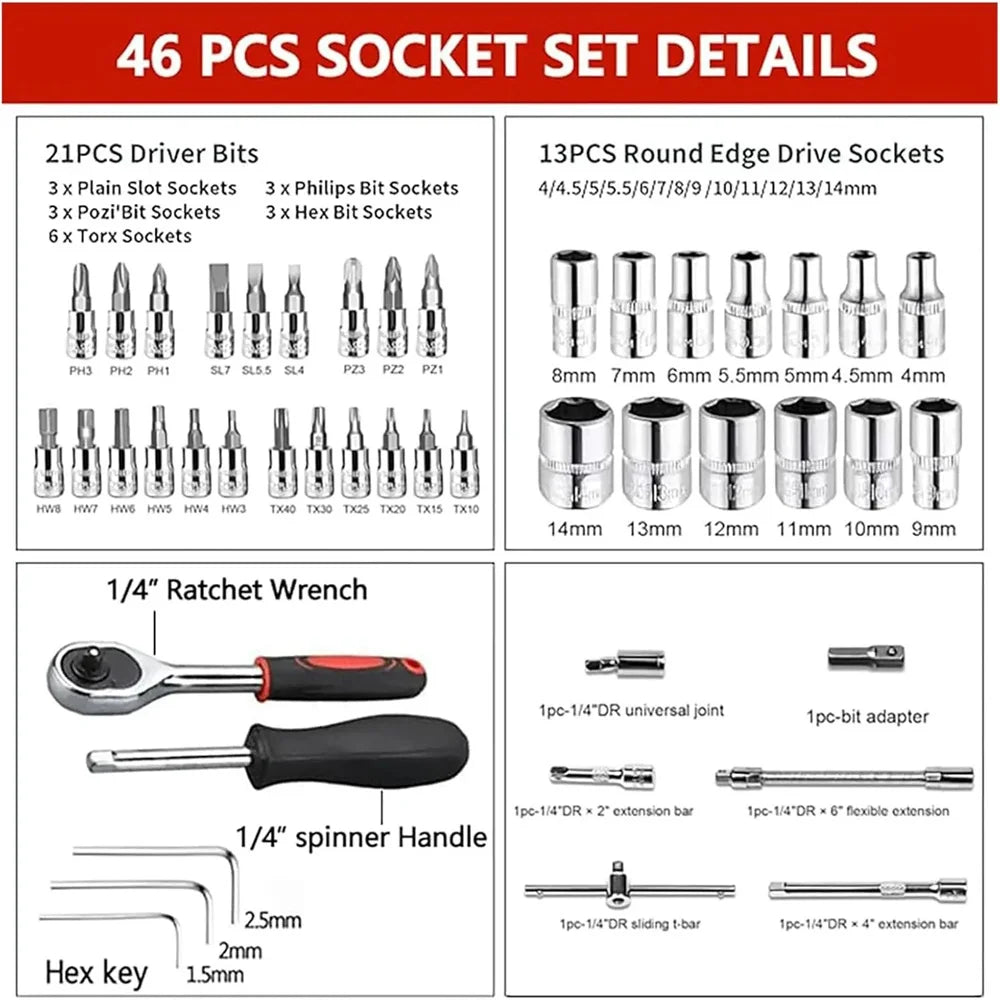 46-Piece 1/4" Drive Socket Ratchet Wrench Set – Chromium Vanadium Steel – Motorcycle / Car / Bicycle Repair – 3 Colors – $28