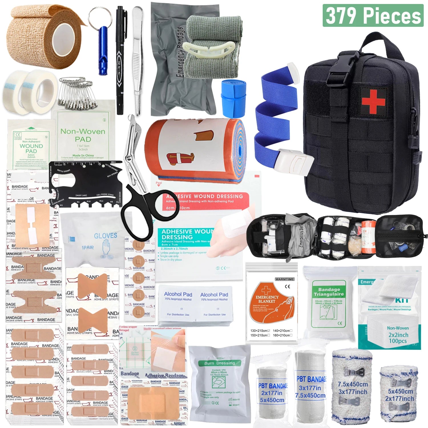 379pcs Home Office First Aid Kit Portable Emergency Bag, Red Survival Carry-On for Outdoor Activities, Camping, Hunting, Hiking