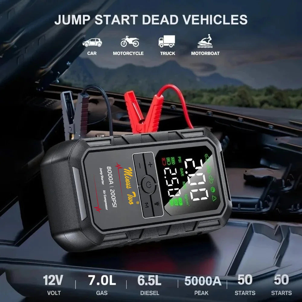 Motorcycle & Bike Jump Starter 4000A with 200PSI Air Compressor Auto Tyre Inflator Large LCD Display LED Light 12V