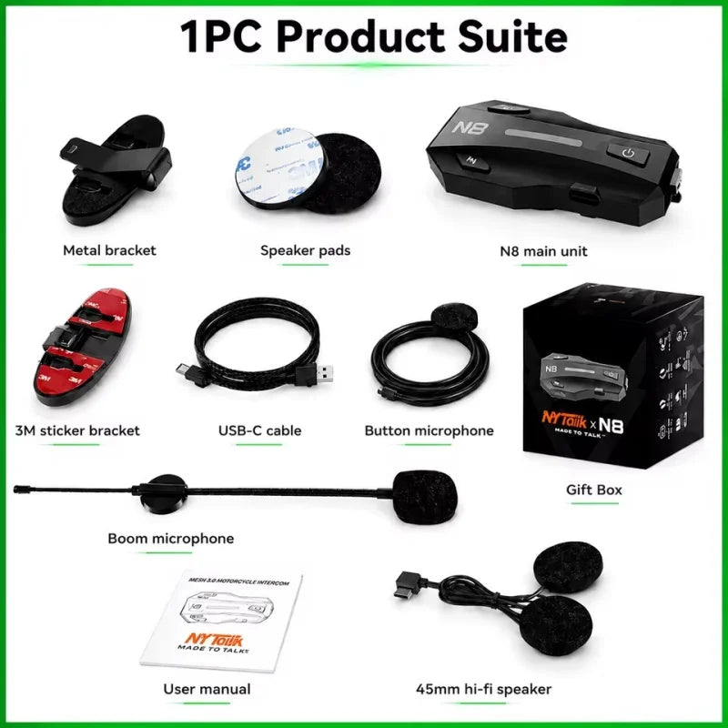 NYTALK N8 Motorcycle Bluetooth Intercom – 8-Rider Mesh Communication