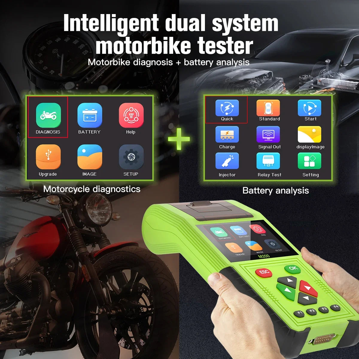JDiag M200 Professional Motorcycle Diagnostic Scanner – Built-in Printer – 70+ Brands – Signal Simulator – Battery + Injector Test – $235–398