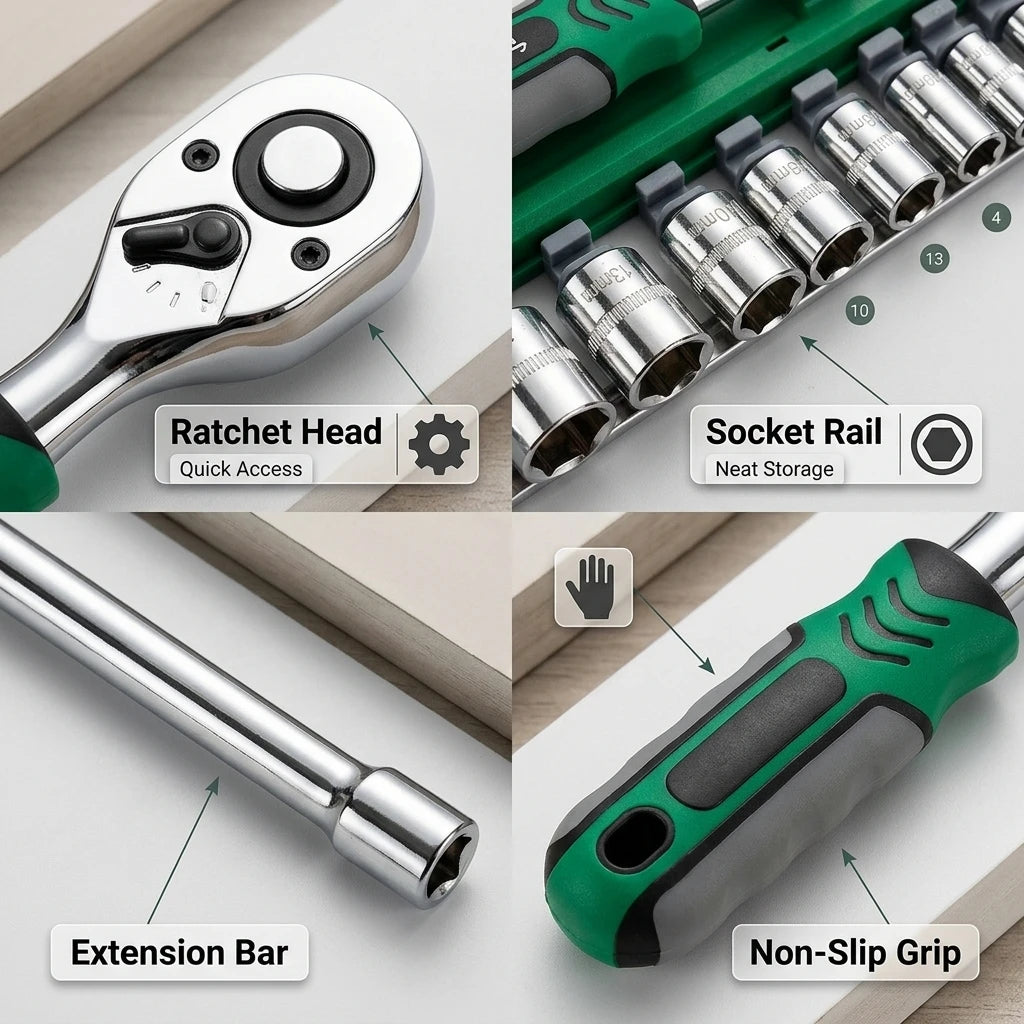 oein 1/4" Drive 12-Piece Ratchet Socket Wrench Set – 72-Tooth, Chrome Vanadium Steel – Motorcycle / Car Repair – Storage Case – $18