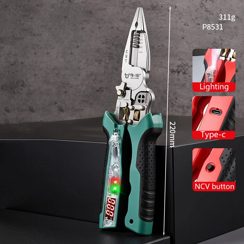 NIUXIANG 10-in-1 Rechargeable Wire Stripper Pliers – Built-In Voltage Tester – Wire Strip + Cut + Crimp – Motorcycle Electrical Repair – $31