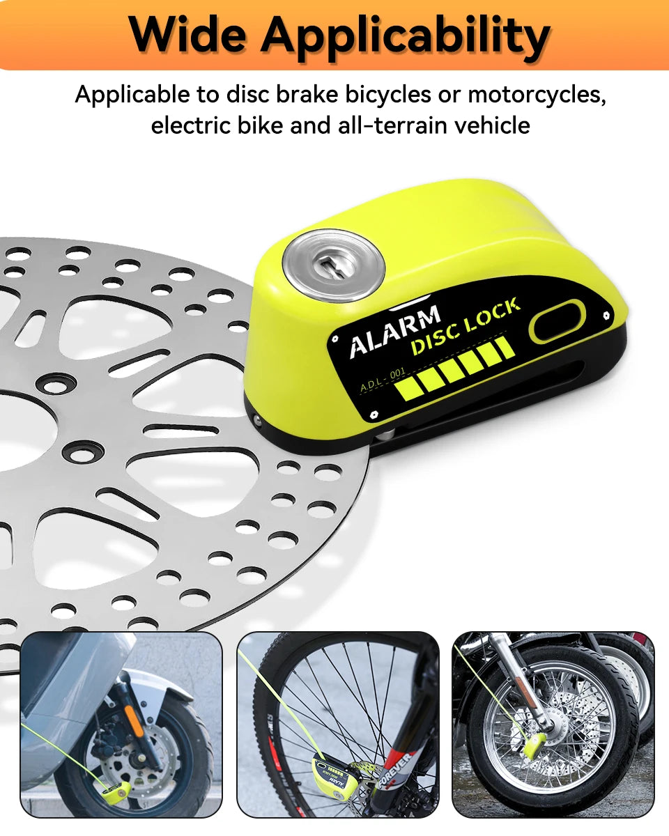 Extractme Motorcycle Alarm Disc Brake Lock 120dB Bicycle Wheel Disk Padlock Security Anti-Theft Lock Scooter – USB-C Rechargeable – 7mm – With or Without Rope – Red Black Blue Green Yellow