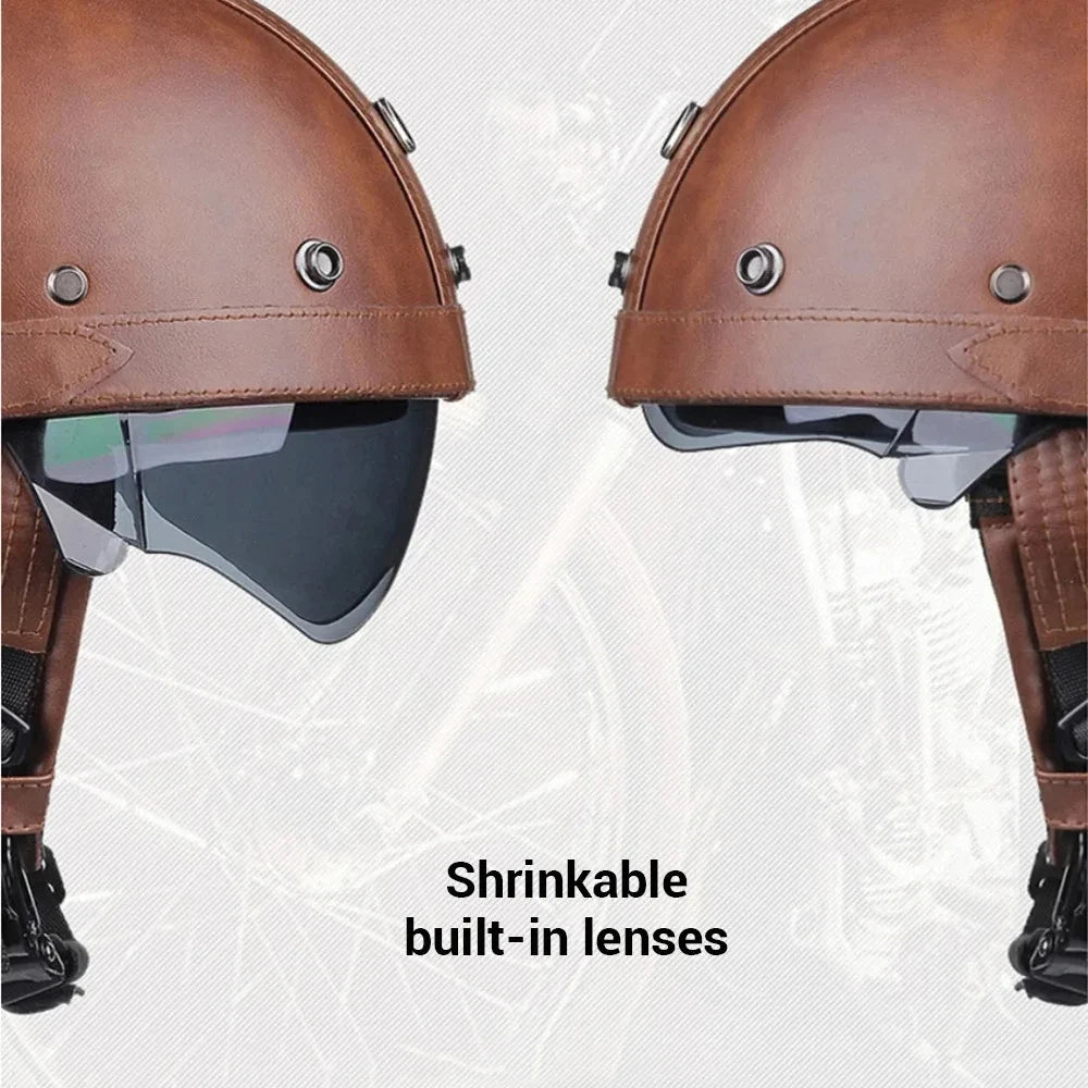 Half Helmets – Retro PU Leather Motorcycle Helmet, HD Visor, All-Season Scooter Helmet for Men & Women