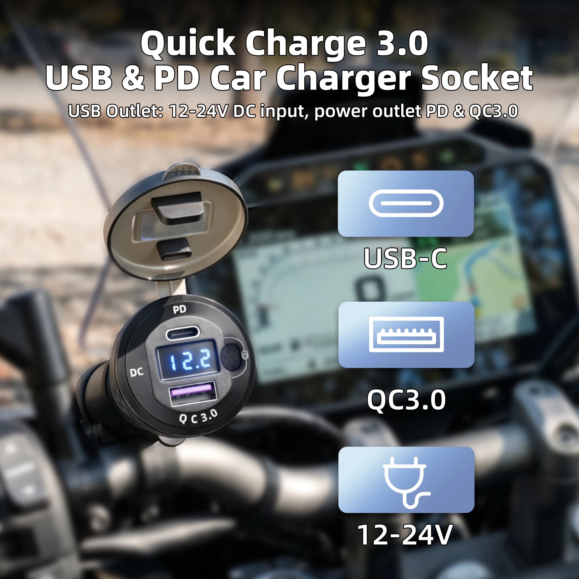 Waterproof DIN/Hella USB Motorcycle Charger Adapter – QC Powerlet Phone Charger with Blue LED for BMW, Triumph Tiger & Ducati