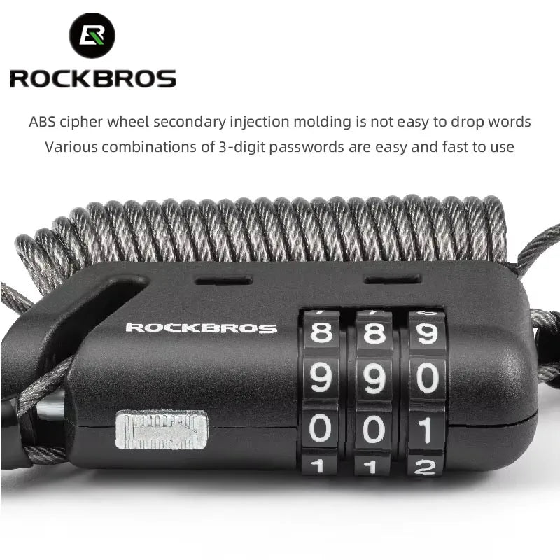 Rockbros Helmet Lock Anti-Theft Mini Bicycle Lock 3-Digit Password Lock Ultralight Flexible Bike Lock Motorcycle Helmet Lock – Model 907 1.5m PVC Steel Cable Two Ways to Use Black