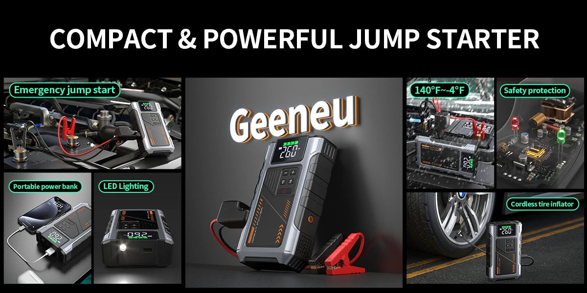 Motorcycle Jump Starter with Air Compressor 3000A Peak 150PSI Tyre Inflator Portable Battery Booster Pack with LED Light 12V