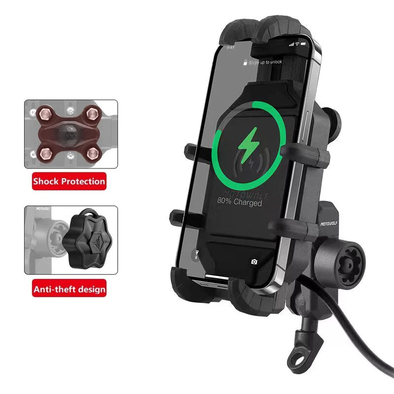 Motorcycle Wireless Charging Phone Mount – QC 3.0 Fast Charger GPS Handlebar Holder for 4–7" Phones