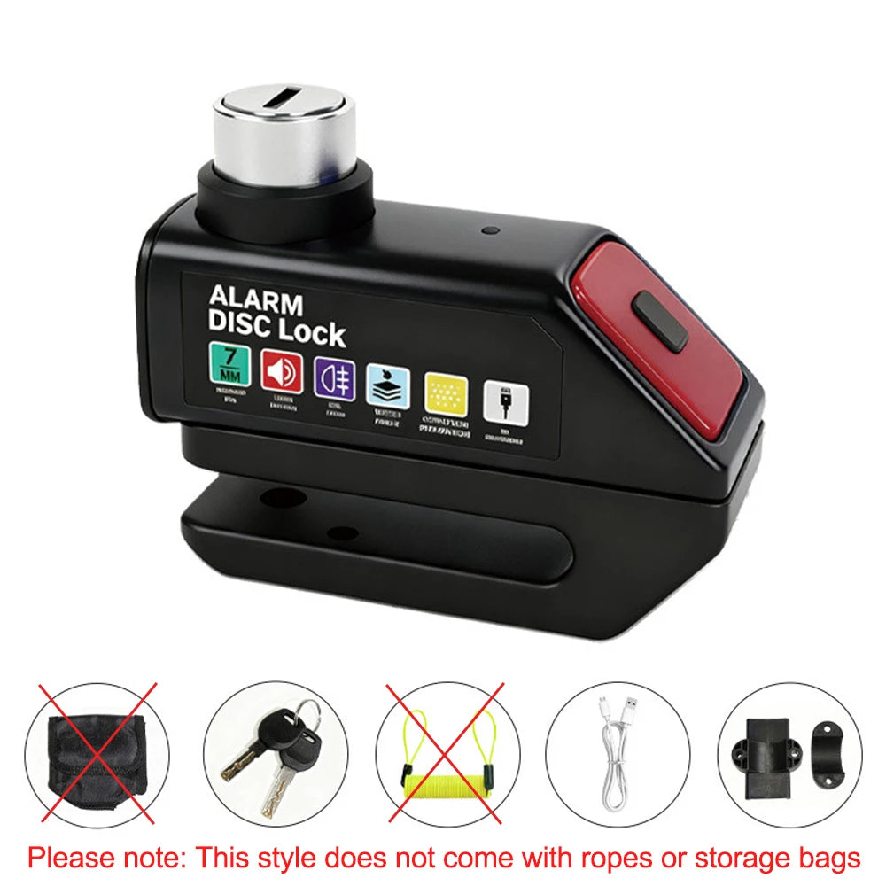 MDUG Motorcycle Alarm Disc Brake Lock 120dB Loud Anti-Theft Security Moto Wheel Disk Padlock Waterproof USB Rechargeable LED Light Bracket – IPX6 – Solo or Set – Blue Red Orange Yellow Black