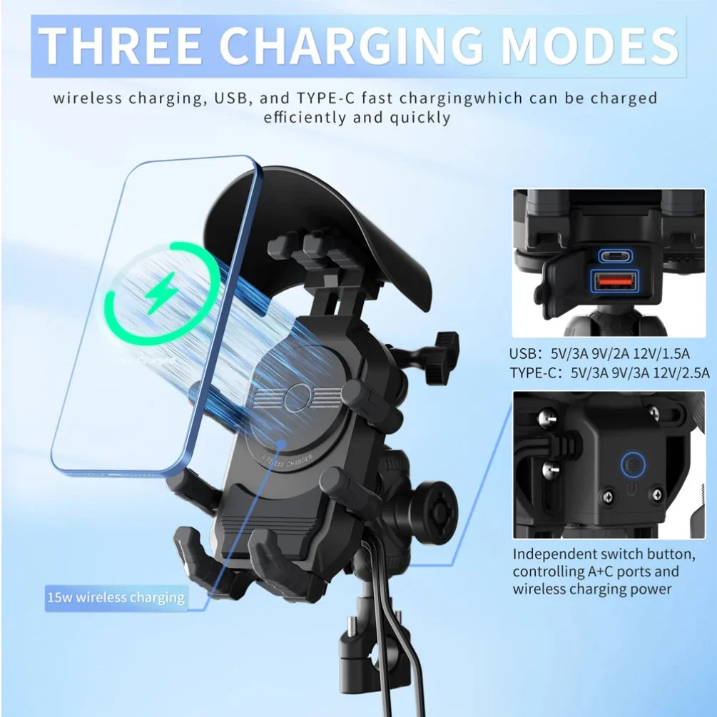 Shockproof Motorcycle Phone Holder 15W Wireless Charger & 18W USB 30W Type C Fast Charging Motorbike Bicycle Bike Scooter Stand