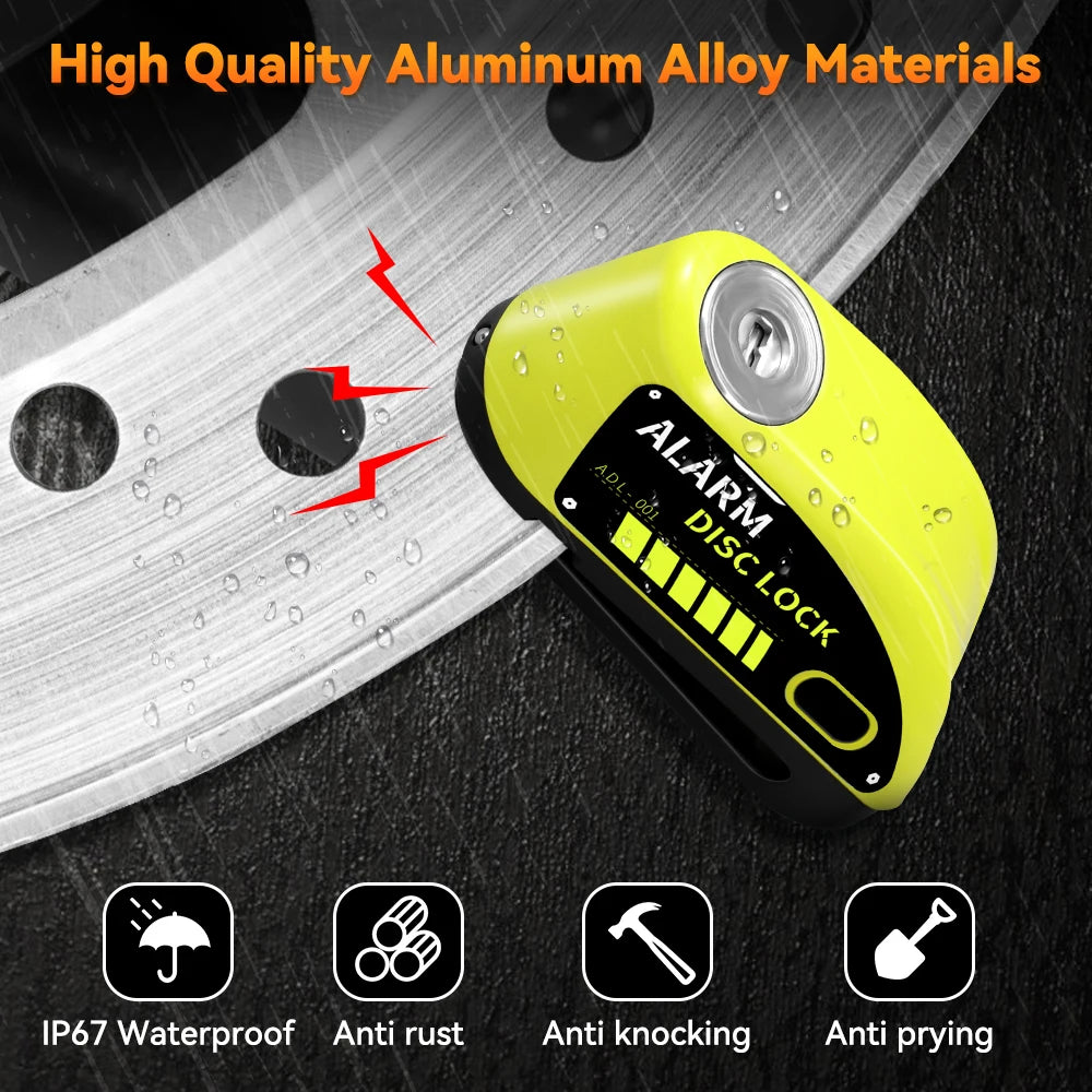 Extractme Motorcycle Alarm Disc Brake Lock 120dB Bicycle Wheel Disk Padlock Security Anti-Theft Lock Scooter – USB-C Rechargeable – 7mm – With or Without Rope – Red Black Blue Green Yellow