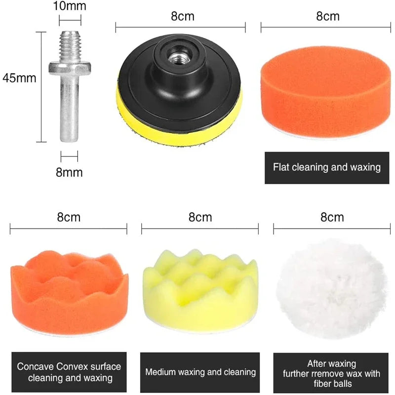 Car & Motorcycle Foam + Wool Polishing Pad Kit – 3" & 5" Sponge Buffer Set – Waxing Polishing Sealing – Drill Compatible – 5 / 11 / 22 / 39 Pcs – $20–30