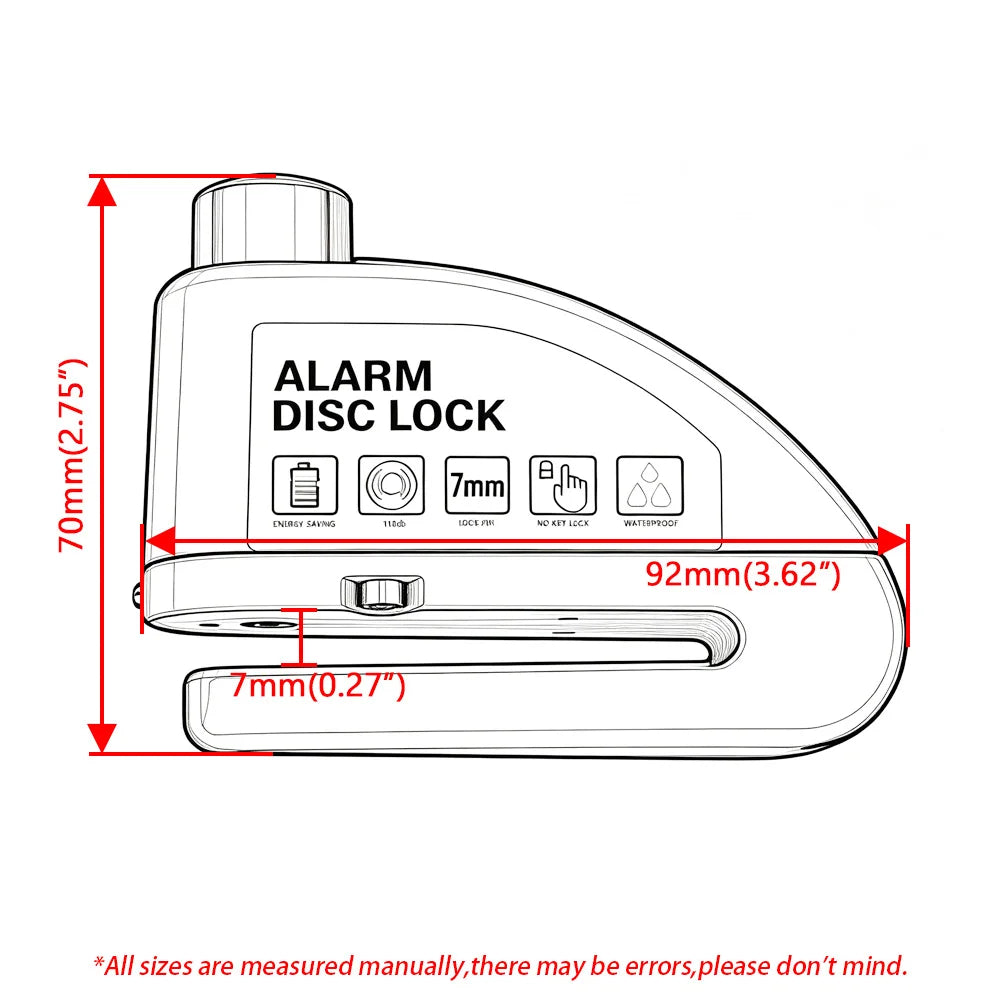 Motorcycle Bicycle Alarm Disc Lock Aluminum Alloy Anti-Theft Safety Padlock Vibration Reminder Security Protection Accessories – 110dB 7mm Hardened Steel 2 Keys Allen Wrench 7 Colors