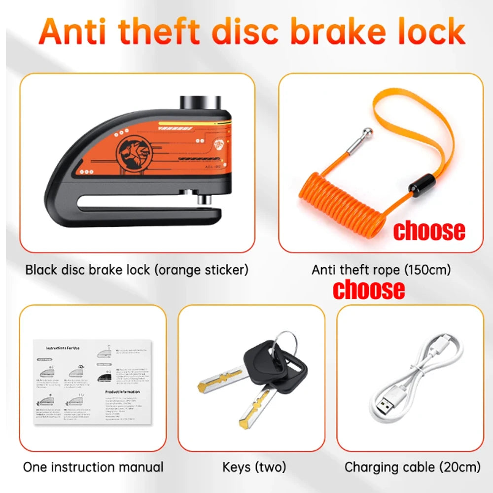 Elecpow Rechargeable Motorcycle Bicycle Scooter Alarm Disc Brake Lock Waterproof Anti-Theft Reminder Cable – 120dB USB-C IP67 7mm 285g CE FCC RoHS – With or Without Rope
