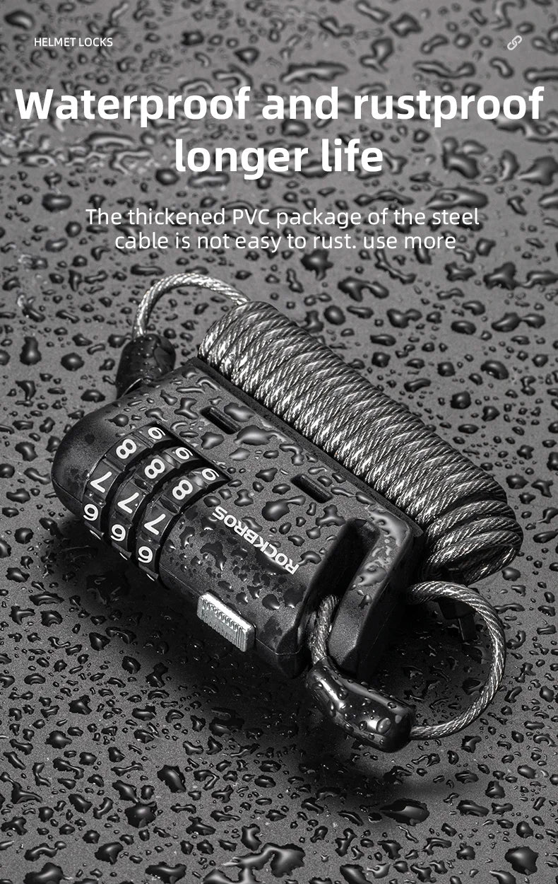 Rockbros Helmet Lock Anti-Theft Mini Bicycle Lock 3-Digit Password Lock Ultralight Flexible Bike Lock Motorcycle Helmet Lock – Model 907 1.5m PVC Steel Cable Two Ways to Use Black
