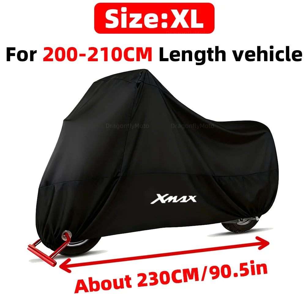 For Yamaha XMAX X-MAX 125 250 300 400 190T Waterproof Motorcycle Covers Motors Dust Rain Snow UV Protector Cover Indoor Outdoor – Polyester Taffeta PU Silver Coating Black Elasticized Hem L-4XL