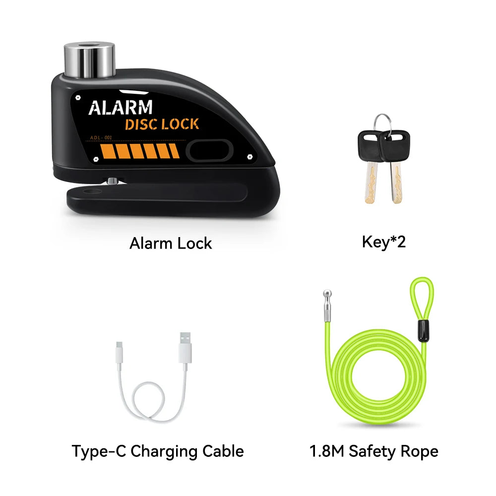 Extractme Motorcycle Alarm Disc Brake Lock 120dB Bicycle Wheel Disk Padlock Security Anti-Theft Lock Scooter – USB-C Rechargeable – 7mm – With or Without Rope – Red Black Blue Green Yellow