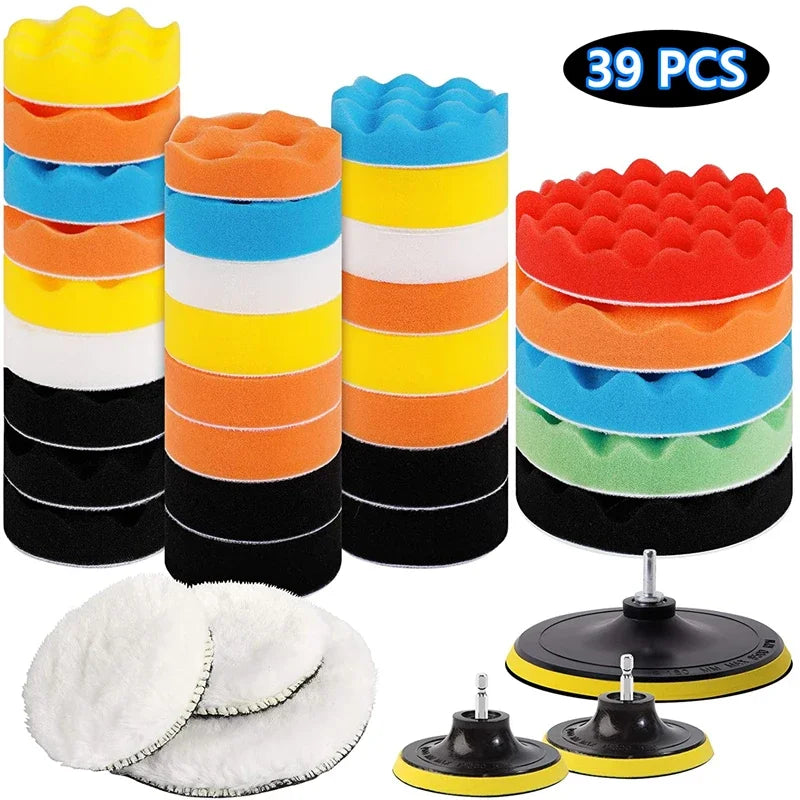 Car & Motorcycle Foam + Wool Polishing Pad Kit – 3" & 5" Sponge Buffer Set – Waxing Polishing Sealing – Drill Compatible – 5 / 11 / 22 / 39 Pcs – $20–30