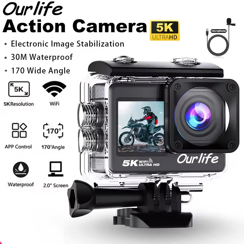 OURLIFE 5K Action Camera 4K60FPS 48MP Sony Sensor 2.0" Touch Screen WiFi EIS 170° Wide-Angle 30M Waterproof Remote Control Sports Camera for Bicycle Motorcycle Diving Outdoor